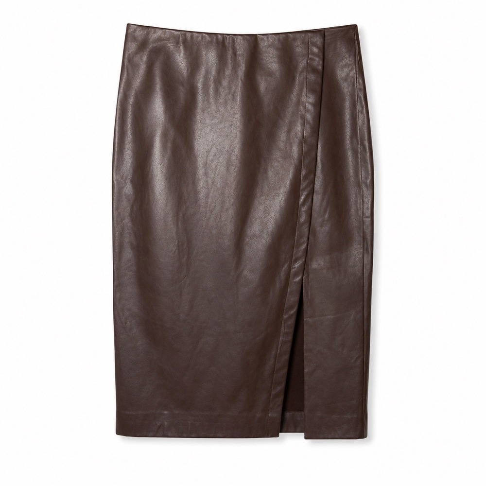 NWT Nine West Professional Brown Vegan Leather Pencil Skirt Slit Midi Chic - XL